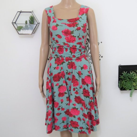 Effie's Heart Blue & Red Rose Swing Dress M - Picture 2 of 5
